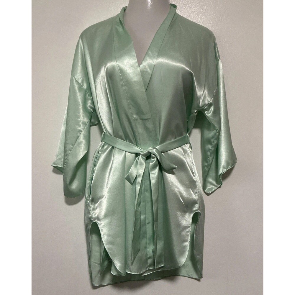 Vintage Jayre California Satin Robe Kimono Silky Green Short Sleeve Lingerie SM